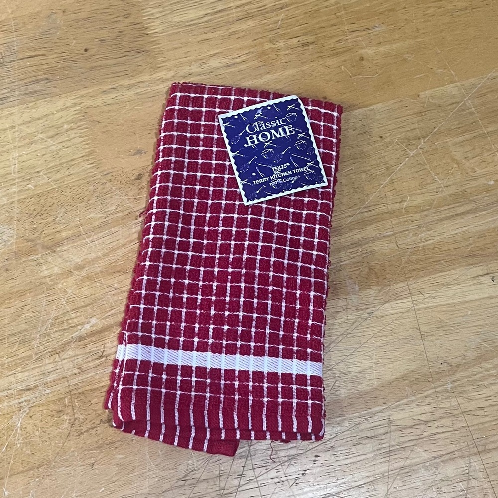 Classic‎ Home Red White Windowpane Terry Kitchen Towel 15x25 Farmhouse Vtg Style